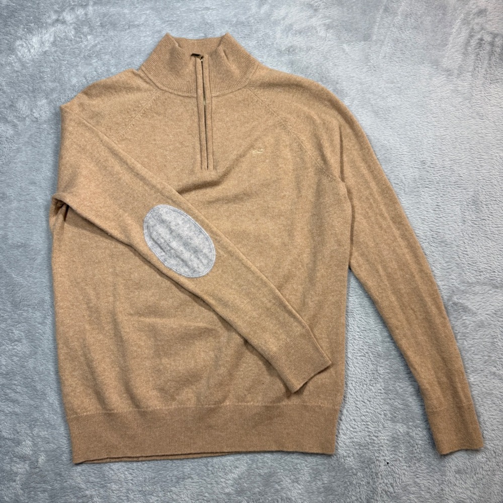 Vineyard Vines Quarter Zip Sweater Mens S Tan Wool Cashmere Elbow Patch Pullover